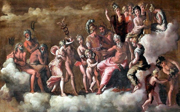 Illustration de l'histoire du Parfum durant la Rome Antique. Psyché accompagnée d'Hermès reçue par tous les dieux de l'Olympe CARRAVAGIO 